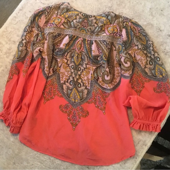 Hale Bob Vibrant Coral Paisley Blouse Size XS - Picture 3 of 5